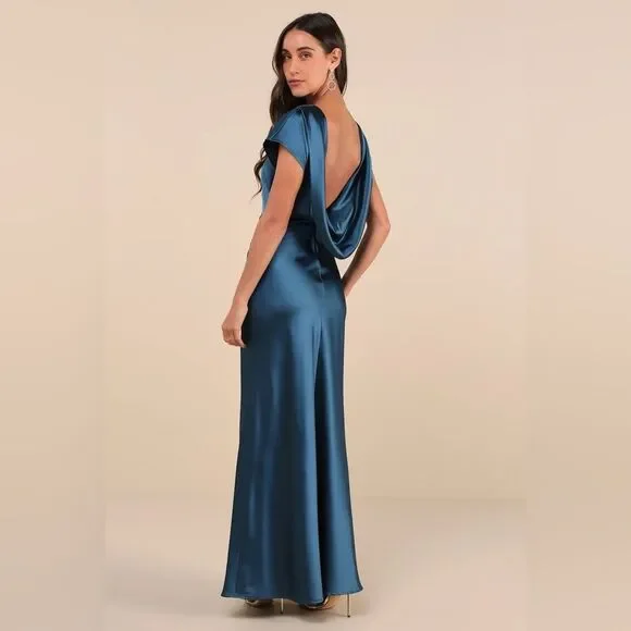 Lulus Captivating Presence Dark Teal Satin Cowl Back Maxi Dress Size Small NEW - Picture 9 of 12